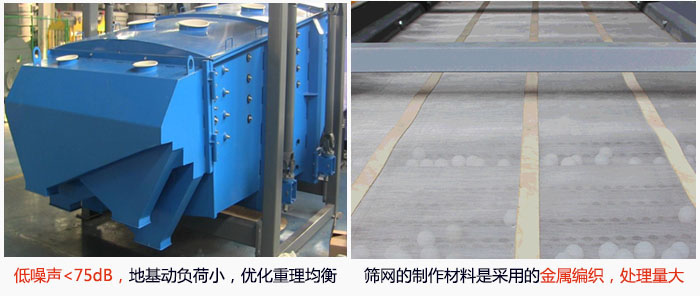 方形摇摆筛采用低噪声<75dB，地基动负荷小，优化重理均衡；筛网的制作材料是采用的金属编织，处理量大。